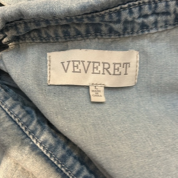 VEVERET Babydoll Peasant Boho Raw Hem Pockets Puff Sleeves Denim Mini Dress L - Picture 6 of 7